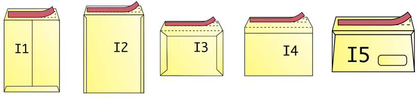 Cinco formatos de envelope, cada um com uma tira de fita dupla face e papel de proteção na aba de fecho